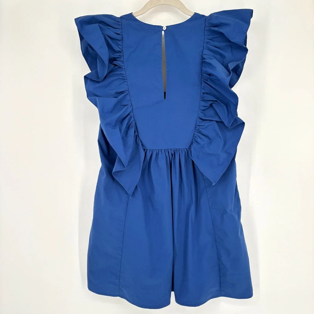 Anthropologie Blue Tassel Ruffled Waistless Mini Dress V-Neck Bold Blue Sz‎ S - Picture 5 of 13